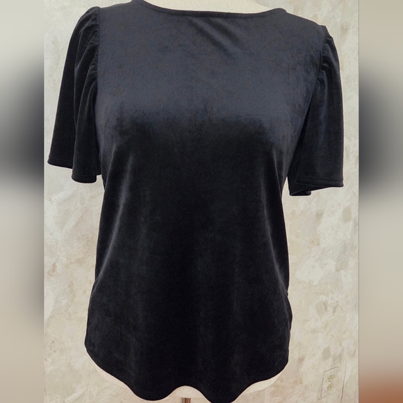 LOFT Black Velvet Puff Sleeve Top Medium - Picture 3 of 9